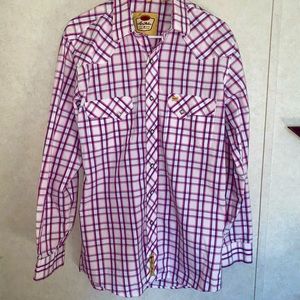Larry Mahan Cowboy Collection Pearl Snap- Size Medium Pink Blue White Plaid